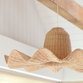 Rattan chandelier with wood accent — farmhouse ceiling light