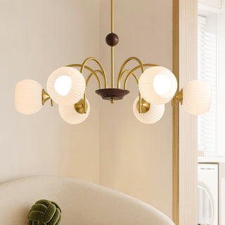 Ribbed cream glass chandelier close-up — contemporary dining detail