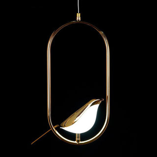 LED oval pendant with gold bird figurine decorative finish