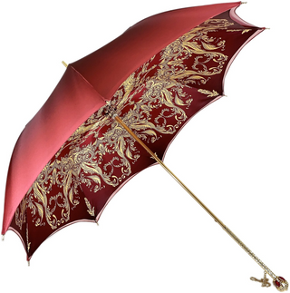 Burgundy satin umbrella – 24K gold handle close-up