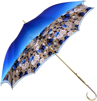 Blue floral satin umbrella gold sapphire handle side view