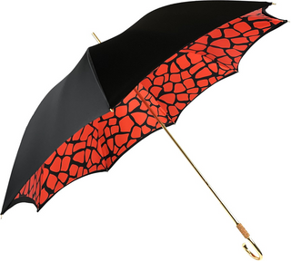 Women's black satin giraffe umbrella red gold handle side