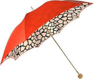 Women's red satin umbrella giraffe pattern gold handle side