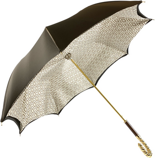 Brown satin luxury umbrella – gold handle close-up