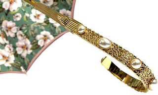 Handmade flowered satin umbrella pearl handle open canopy