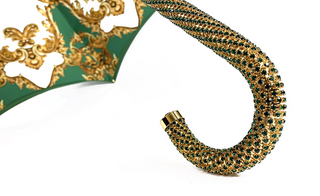Handmade green umbrella emerald rhinestones gold handle open