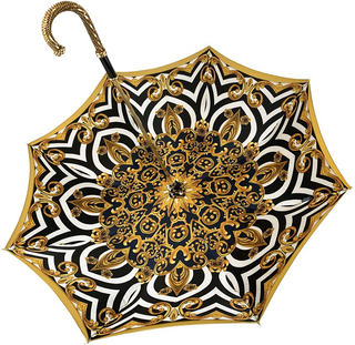 Handmade yellow satin umbrella double canopy gold handle top