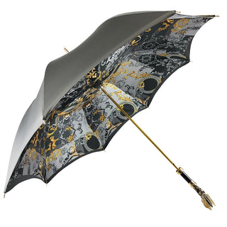 Grey satin umbrella – dragonfly handle close-up