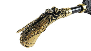 Handcrafted grey umbrella – dragonfly handle detail