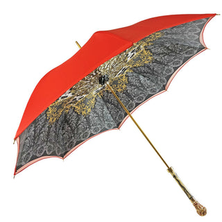 Women's red satin crown umbrella 24K gold handle side