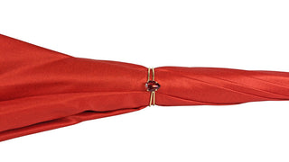 Women's red satin crown umbrella 24K gold handle top view