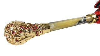 Luxury red satin crown umbrella 24K gold handle detail