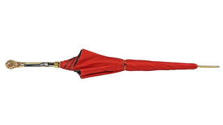 Elegant red satin crown umbrella 24K gold handle close-up
