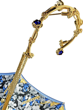Luxury blue double canopy umbrella handmade gold handle detail