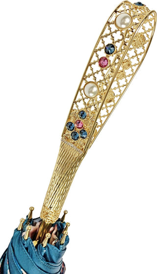 Luxury floral umbrella Swarovski crystal gold handle detail