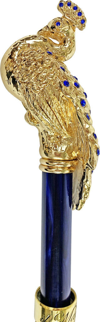 Blue peacock umbrella – gold and sapphire handle detail