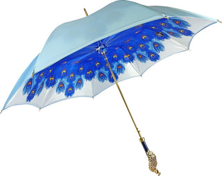 Blue satin peacock umbrella – sapphire handle close-up
