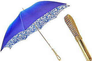 Light blue women's luxury umbrella 24K gold handle front view