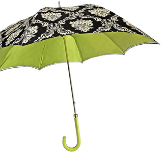 Women's black damask umbrella leather handle side view