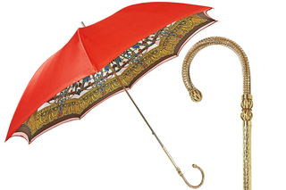 Luxury red Italian satin umbrella 24K gold handle front view