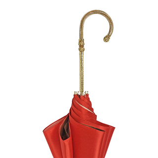Luxury red Italian satin umbrella 24K gold handle detail