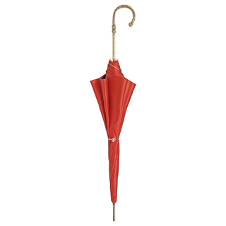 Elegant luxury red satin umbrella 24K gold handle close-up