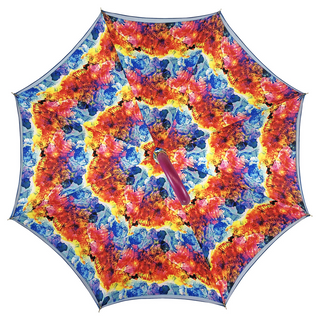 Multicolor satin umbrella – leather handle folded view