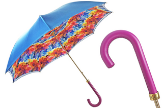 Handmade satin multicolor umbrella – leather handle automatic open front