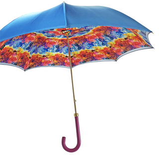 Multicolor satin umbrella – leather handle close-up