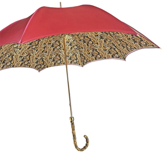 Women's burgundy satin umbrella bamboo handle side view