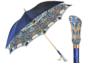 Luxury blue Italian umbrella – turquoise crystal handle front