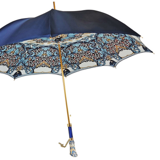 Blue satin umbrella – turquoise crystal handle close-up