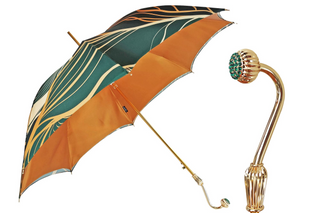 Handmade Italian green satin umbrella – gold plated emerald crystal handle