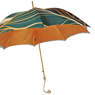 Green satin luxury umbrella – emerald crystal handle close-up