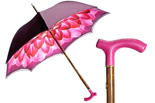 Handmade ladies umbrella – pink leather handle 24K gold accessories front
