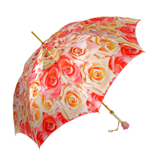 Handmade rose painted umbrella 24K gold handle open canopy