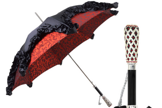 Black ruffle satin luxury umbrella – silver plated handle front view