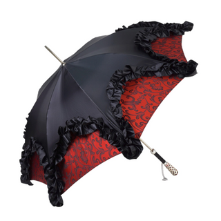 Black satin ruffle umbrella – canopy detail automatic open