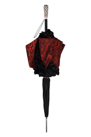 Black ruffle satin canopy umbrella – open full view