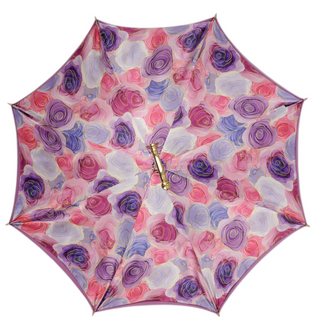 Luxury pink women's umbrella satin floral 24K gold handle view