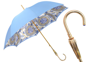 Light blue luxury Italian umbrella – gold handle satin canopy front