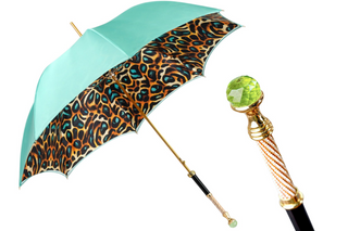 Luxury leopard umbrella 24K gold handle green crystal front