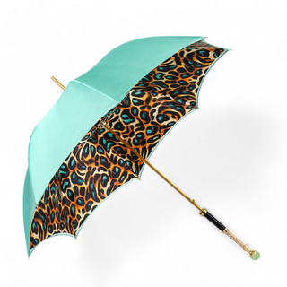 Elegant luxury leopard umbrella 24K gold green crystal close-up