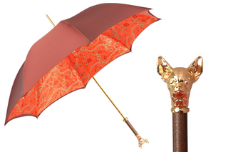 Red satin luxury umbrella gold chihuahua handle front view