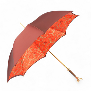 Women's red satin umbrella gold chihuahua handle side