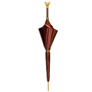 Elegant red satin umbrella gold chihuahua handle close-up