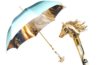 Light blue automatic umbrella – gold horse head handle front