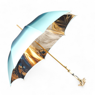 Blue umbrella – gold horse head handle close-up