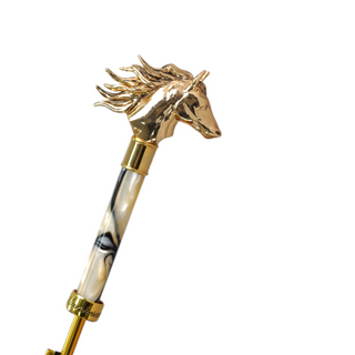 Luxury blue umbrella – gold horse head closed view