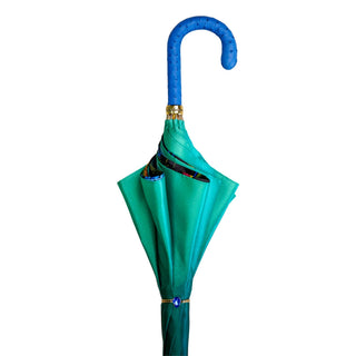 Women's peacock luxury umbrella blue leather handle top view